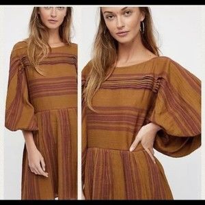 Free People Dress Women's Medium Lined Brown Burgundy Baloon Sleeve Lily Dress